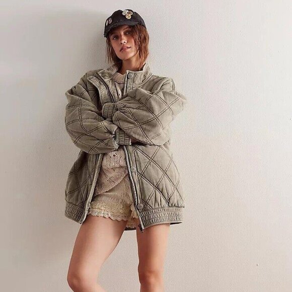 Free People Juno Quilted Jacket Top Bomber Oversized Buttondown Cotton XS 276633